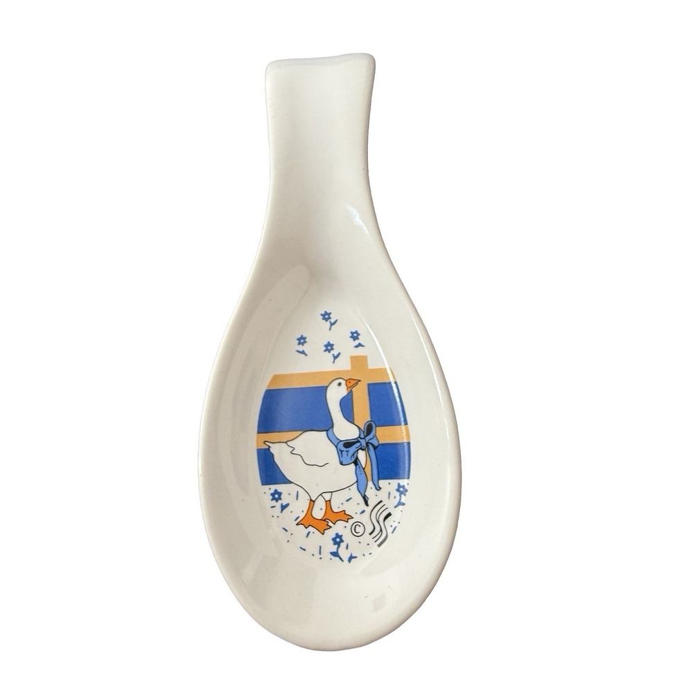 Vintage Ceramic Spoon Rest With blue bow flowers Patterned Duck Motif